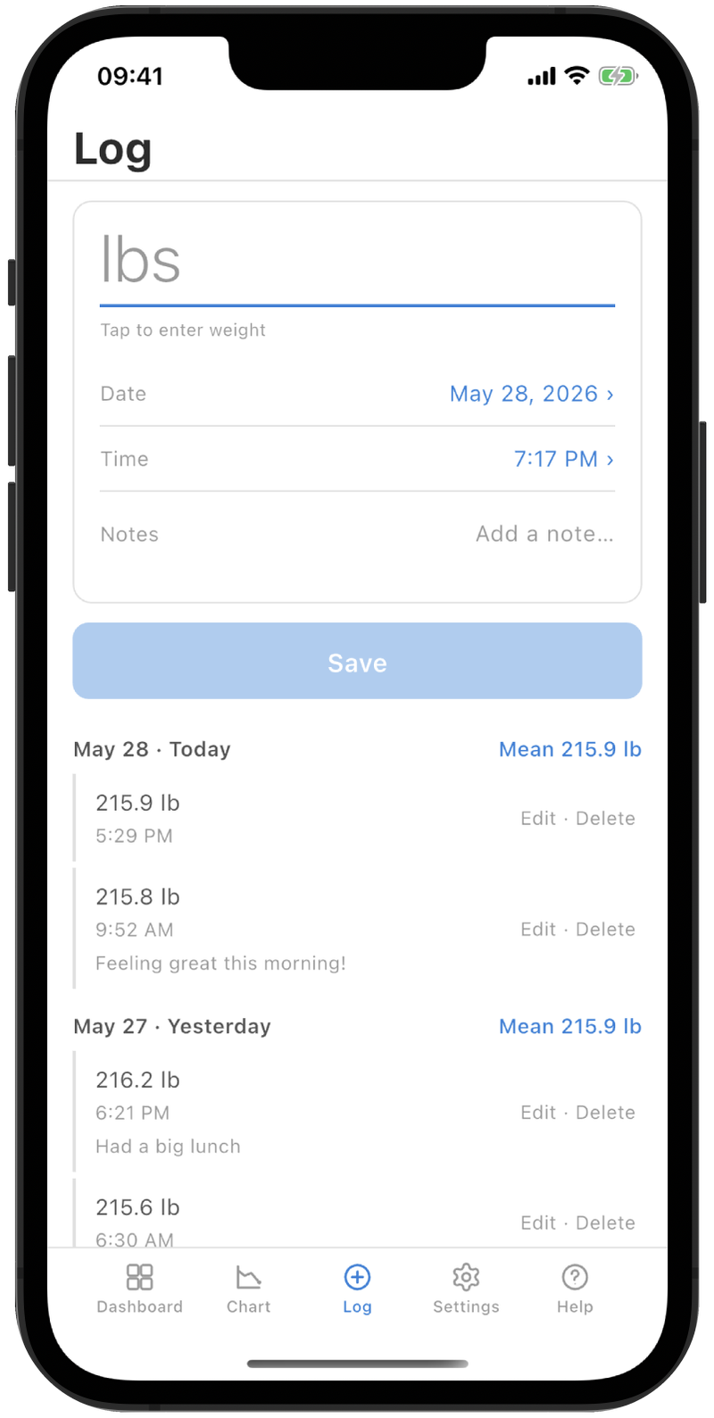 Log screen with a weight input field, date and time rows, and a list of recent measurements.