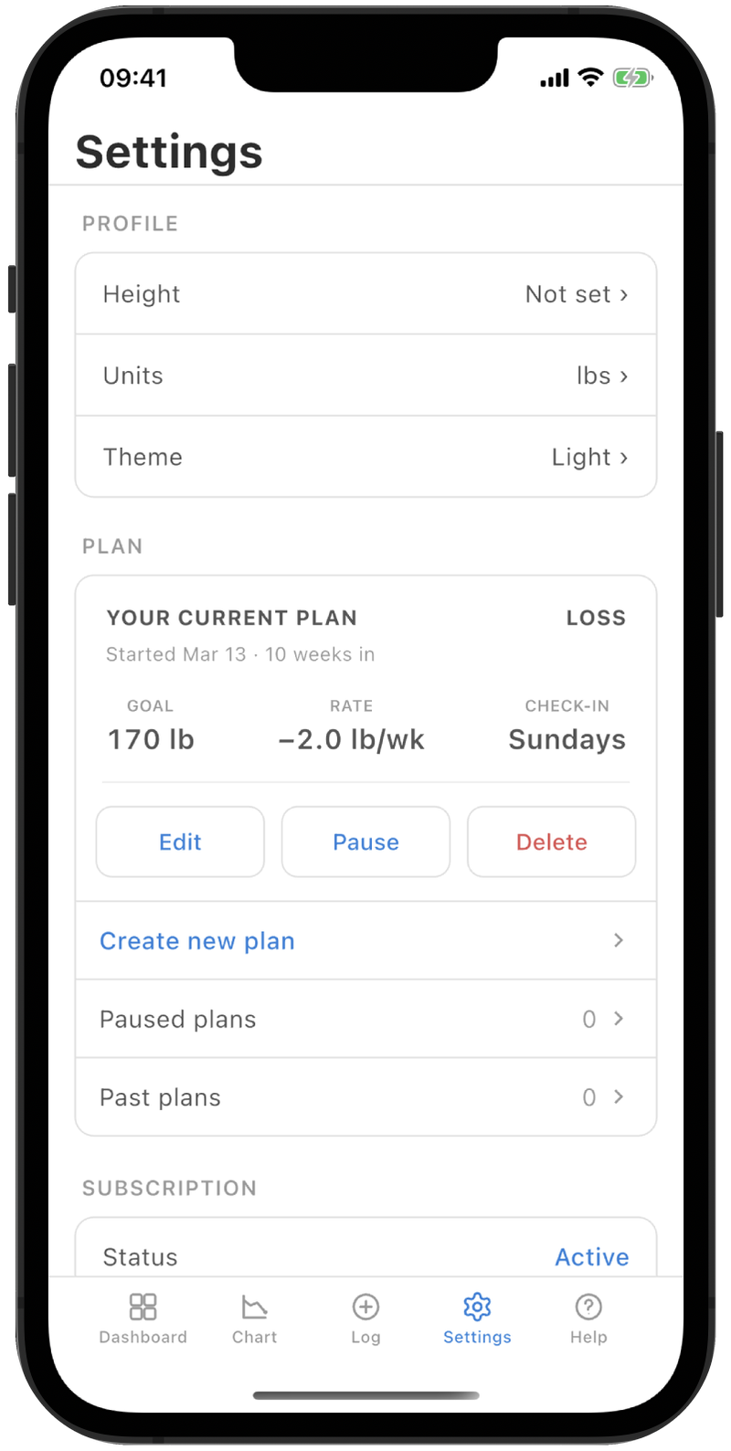 Settings screen with Profile, Plan card showing goal, rate, and check-in day, plus Edit, Pause, and Delete actions.